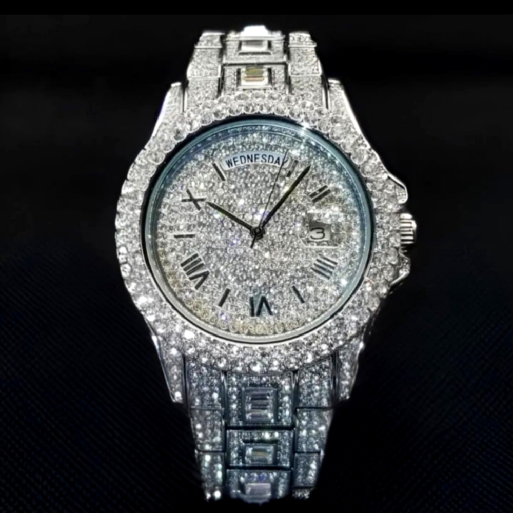 Men's Shiny Iced Out Simulated Diamond CZ Watch with Multifunction Day & Date